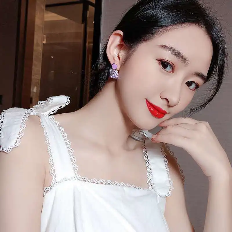 

Korean Fashion Purple Rhinestone Women Earrings Square Simple Alloy Korean Ladies Casual Sweet Eardrop Fashion Gift Jewelry