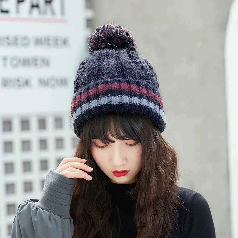 Fashion Kawaii Winter Warm Pompon Knitted Hats Women Harajuku Thick Striped Hat Female Skullies Beanies Outdoor Caps Girls Sweet |