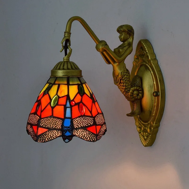 

European style retro Tiffany colored glass living room dining room bedroom bar club corridor Red Dragonfly wall lamp
