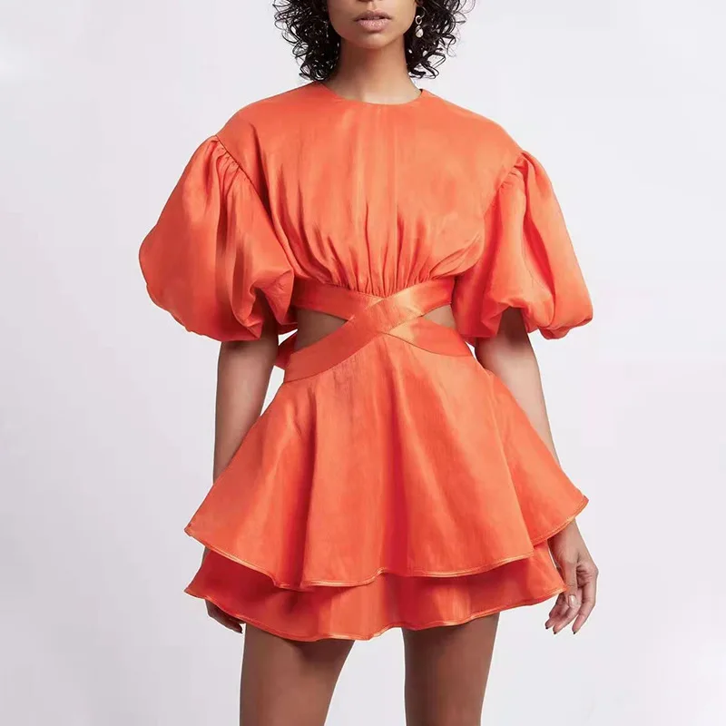 

Princess 2021 spring and summer new style bubble sleeve waist lace up solid round neck A-line light cake dress