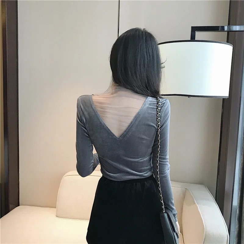

Mesh Patchwork Pleuche V-neck Low-cut Sexy Tops Female Autumn New Long Sleeve T-Shirts Women's Clothing Fashion Brand Tees 2019