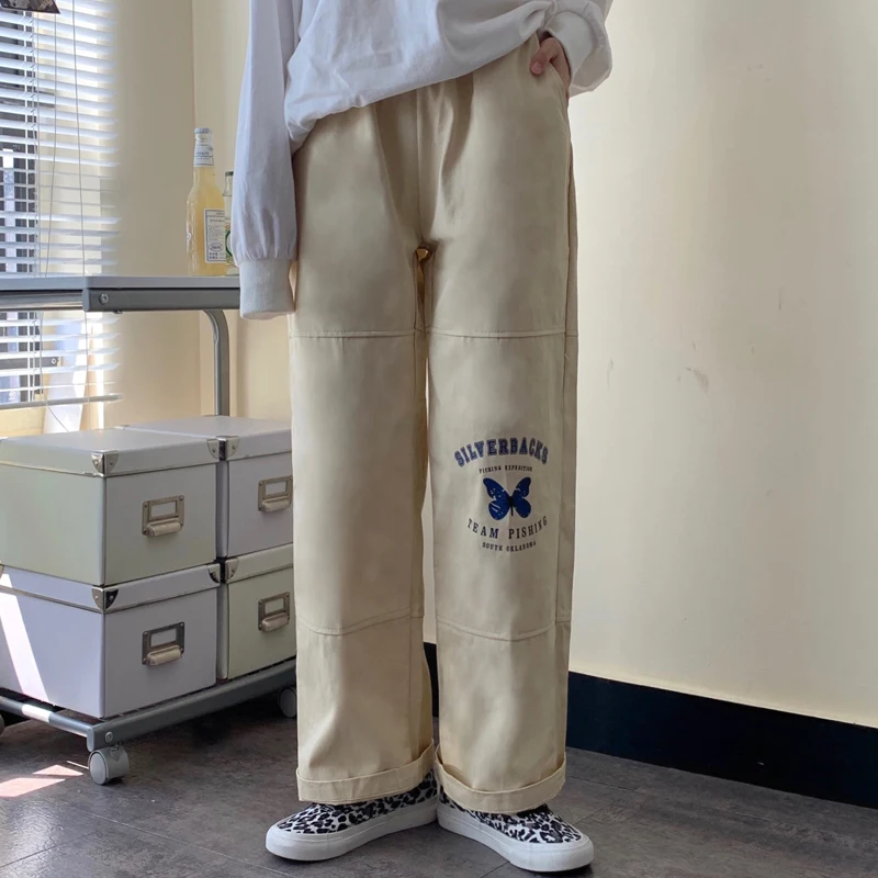 

Женские черные спортивные брюки в Корейском стиле, уличная одежда в стиле Харадзюку, брюки-карго с граффити, Прямые хлопковые брюки с высоко...