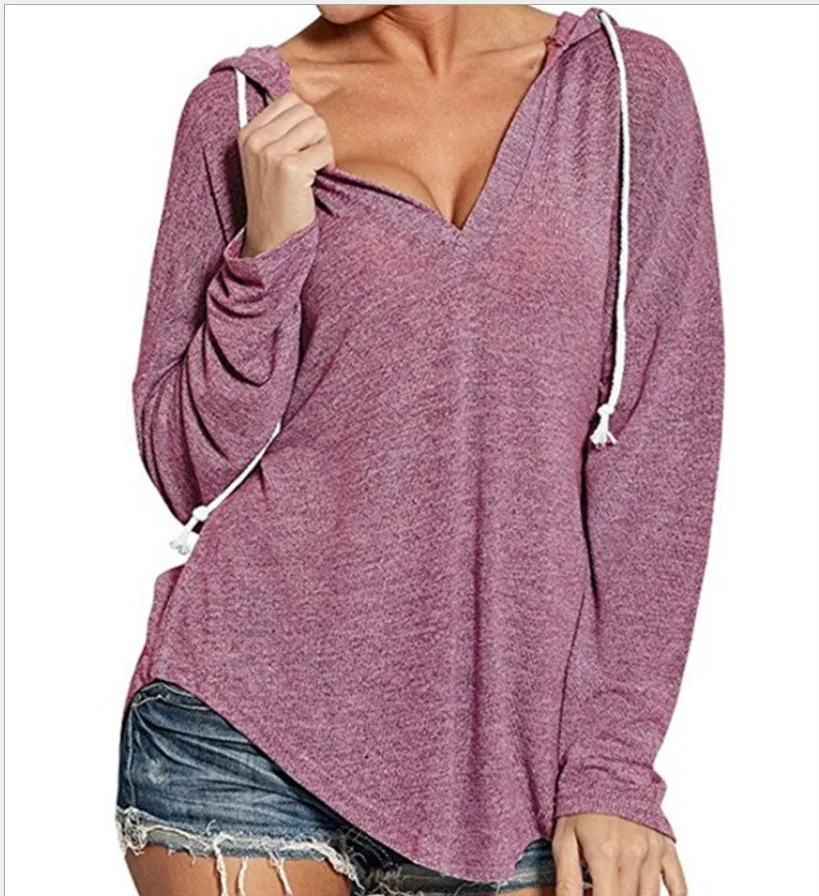 

Spring / Autumn Women clothing Hooded sweatshirts V-neck long-sleeved solid color hooded sweatshirt Casual streetwear women