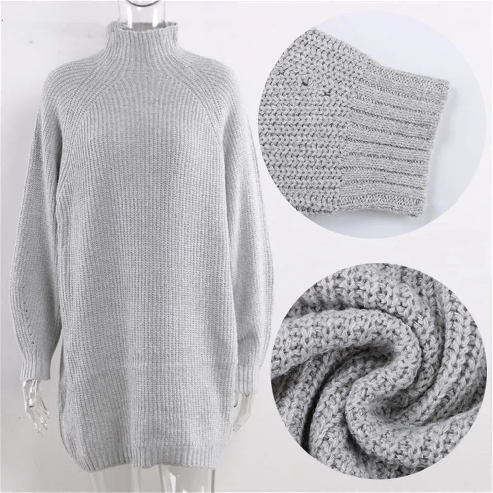 Женское платье осень зима длинный рукав розовый серый водолазка вязаный свитер