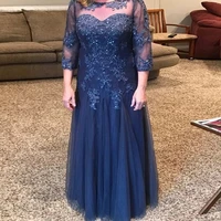 blue mother of the bride dresses a line 34 sleeves tulle appliques beaded plus size long groom for weddings