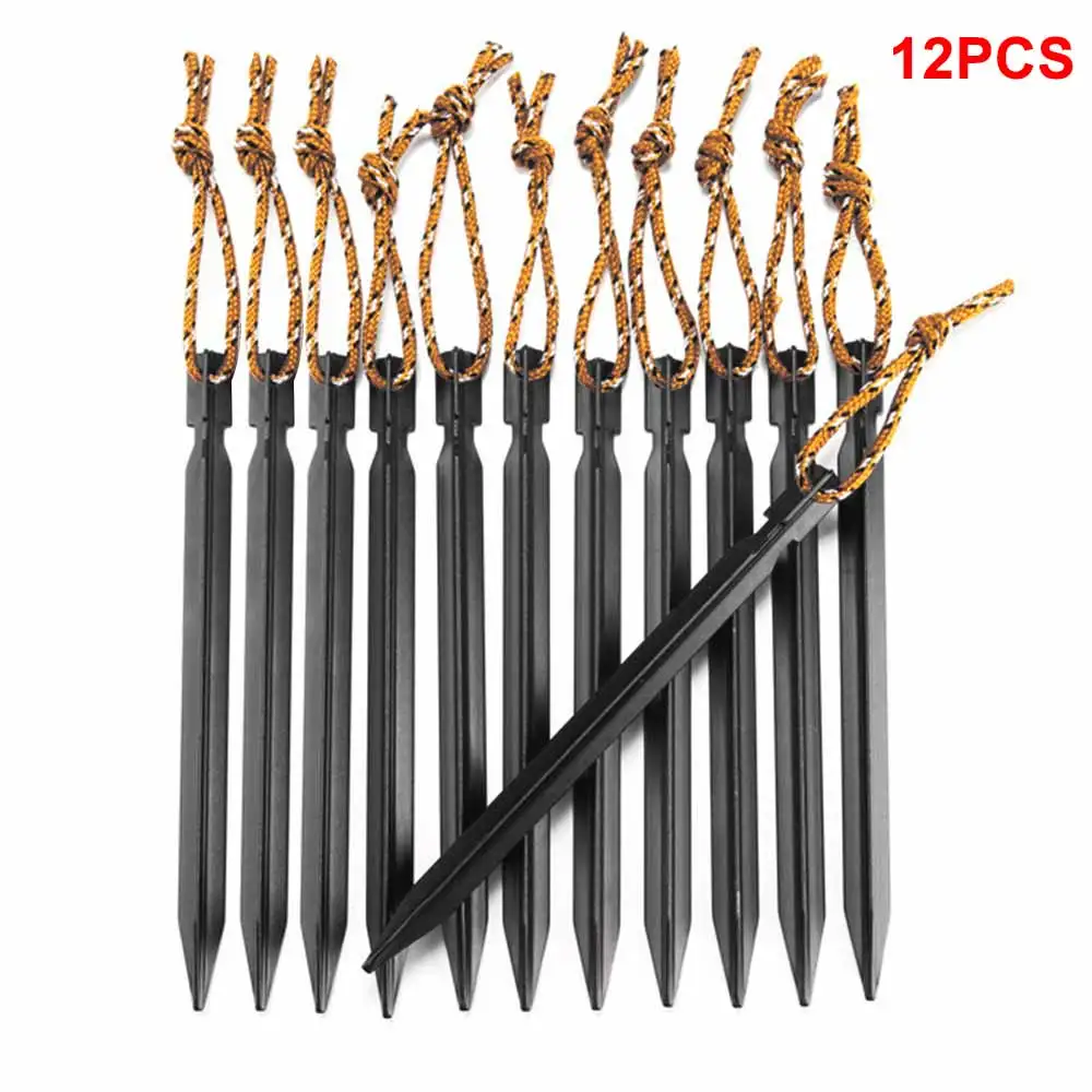 

Outdoor 12pcs Aluminium Alloy Tent Pegs Nail With Rope Perfect for Camping Hiking Backpacking Windproof Tent Nail Stakes