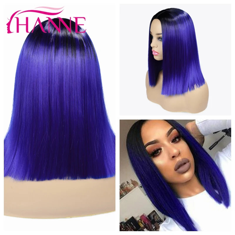 

HANNE Ombre Blue/Brown/Blonde Medium Bob Wigs for Women Afro Middle Part Straight Wig Natural Synthetic Hair Wigs