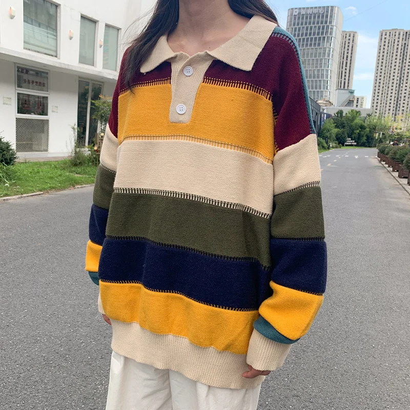Liketkit Men Vintage Stipred Sweater for 2020 Spring Colorful Korean Couples Fashion Pullover Women Harajuku Clothes INS |