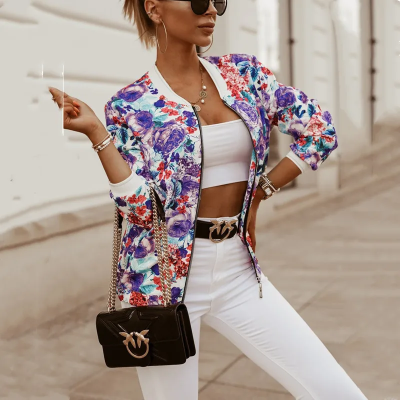 Женская куртка бомбер с цветочным принтом повседневная винтажная на молнии