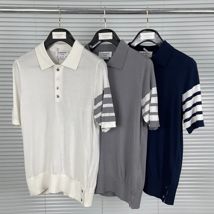 

2021 модные брендовые рубашки-поло TB Thom для мужчин и женщин, Повседневная тонкая хлопковая рубашка-поло, летняя полосатая дышащая одежда-поло ...