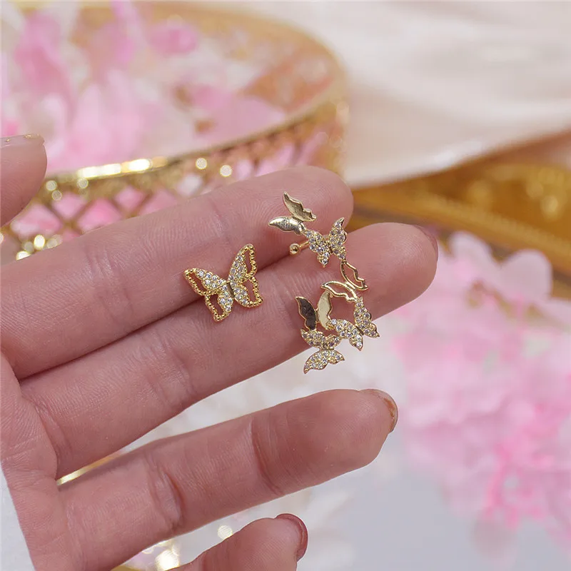 

High Quality 14K Real Gold Butterfly Fluttering Asymmetry Stud Earrings for Women Cubic Zircon ZC Earrings