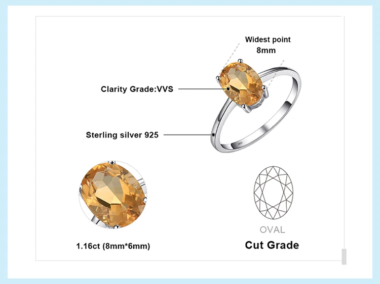 Jewelrypalace Овальный 1.1ct натуральный цитрин камень пасьянс кольцо стерлингового серебра 925 пробы Обручальные кольца Для женщин Ювелирные изделия с драгоценными камнями