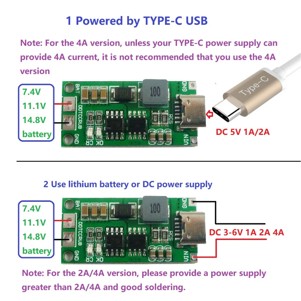 2S 3S 4S 1A 2A 4A Type-C DC 3.7V 5V to 8.4V 12.6V 16.8V Step-Up Boost LiPo Polymer Li-Ion Lithium Battery Charger Board | Обустройство