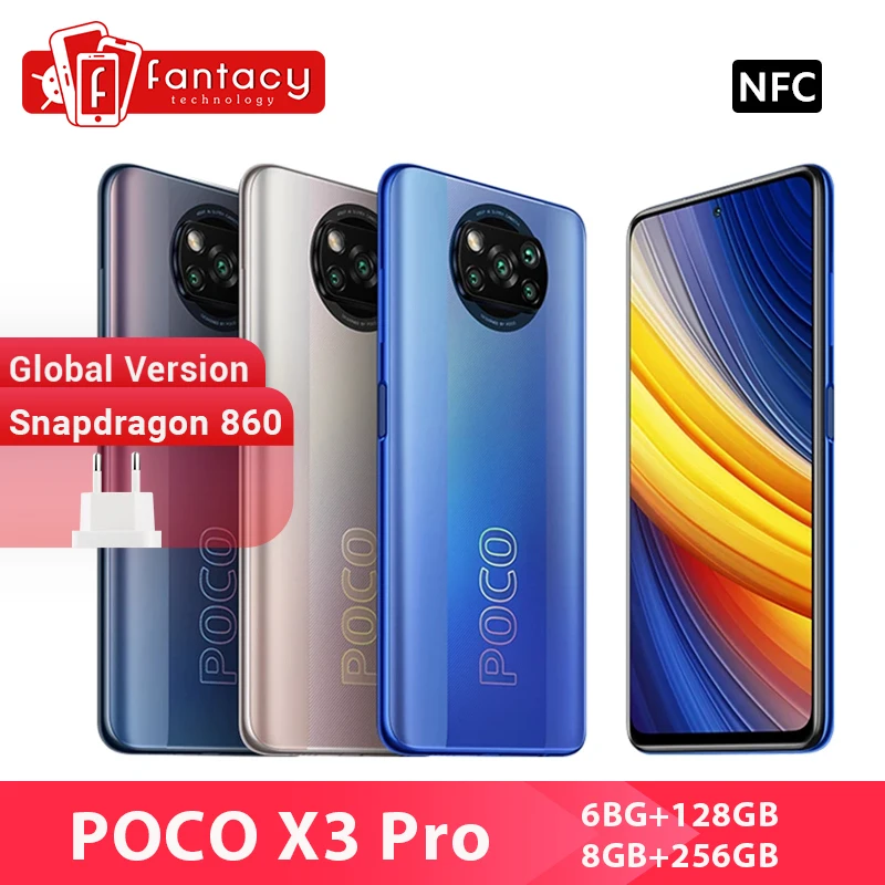 Перейти на Алиэкспресс и купить В наличии глобальная версия POCO X3 Pro смартфон NFC 33 Вт Charge мобильный телефон Snapdragon 860 48MP Quad Camera 6,67 дюйм120 Гц 5160 мА-ч
