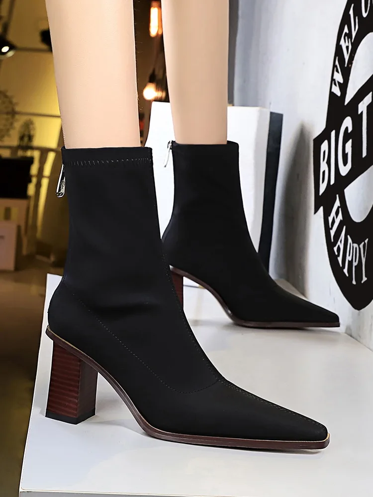 

Winter women's Boots Ankle Boots Korean Fashion Wood Grain Heel Thick Heel High Heel Small Square Head Satin Elastic Slimming