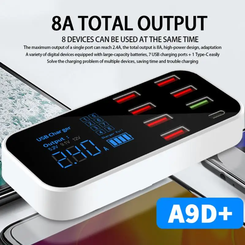 

A9D 40W /8A 8-port USB Adapter Mobile Phone Charger Smart LED Display Charging Station QC3.0 Multi-port Socket