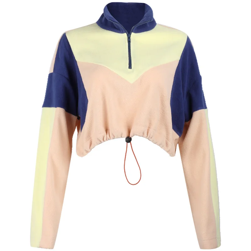 

New Fashion Contrast Patchwork Cropped Sweatshirts Vintage Women Zip Up Stand Collor Casual Hot Girls Long Sleeve Winter Tops