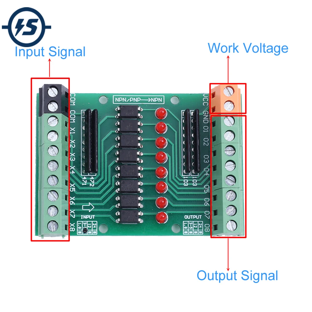 

DC 12V-24V 8CH Optocoupler Isolation Module 8-Channel PNP NPN Low High Level Output Signal Converter