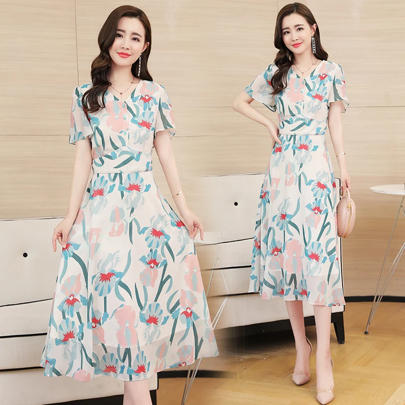 

COIGARSAM 3XL Plus Size Chiffon Women Long dress New Floral Print High Waist Dresses Design And Color 8923