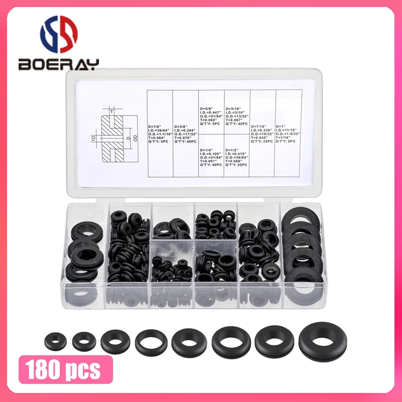 

180 Piece SAE Rubber Grommet Assortment 7/8in, 5/8in, 5/16in, 7/16in, 3/8in, ¼in, ½in, and 1 Inch Sizes