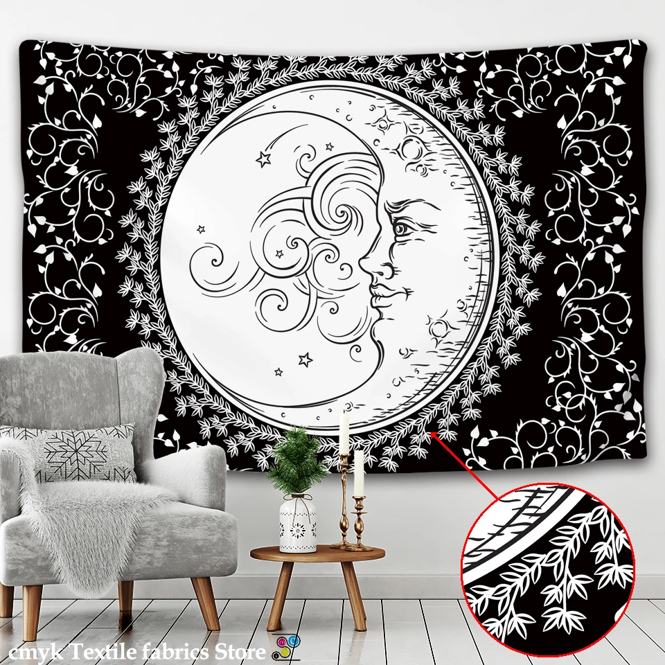Черно-Белая настенная ткань в стиле Триппи Солнце Луна богемский гобелен хиппи