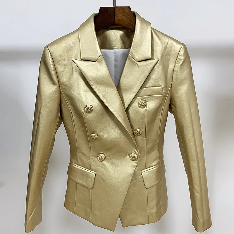 

2019 New Winter Fahion Golden Color PU Leather Long Sleeve Double Buton Slim Coat Elegant Celebrity Fashion Coat