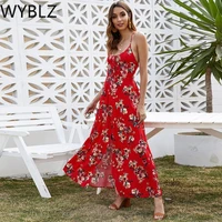wyblz 2021 summer women maxi dress sexy backless boho floral print lace up red bohemian holiday casual party split long dress