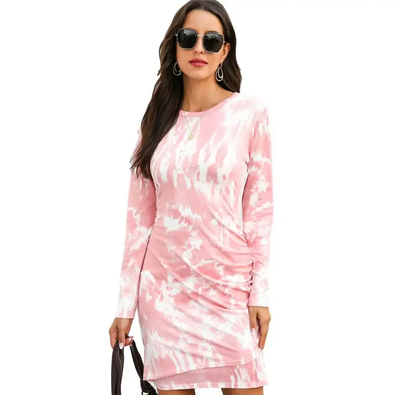 

Autumn Fashion Women Tie-dye Long Sleeve Casual Party Slim Dress Round Neck Pullover Streetwear S-2XL