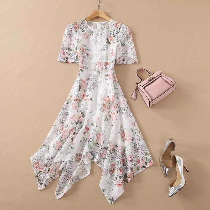 Newest Fashion Summer Dress 2021 High Quality Clothing Women O-Neck Polka Dot Embroidery Flower Patterns Sexy Asymmetrical Dress