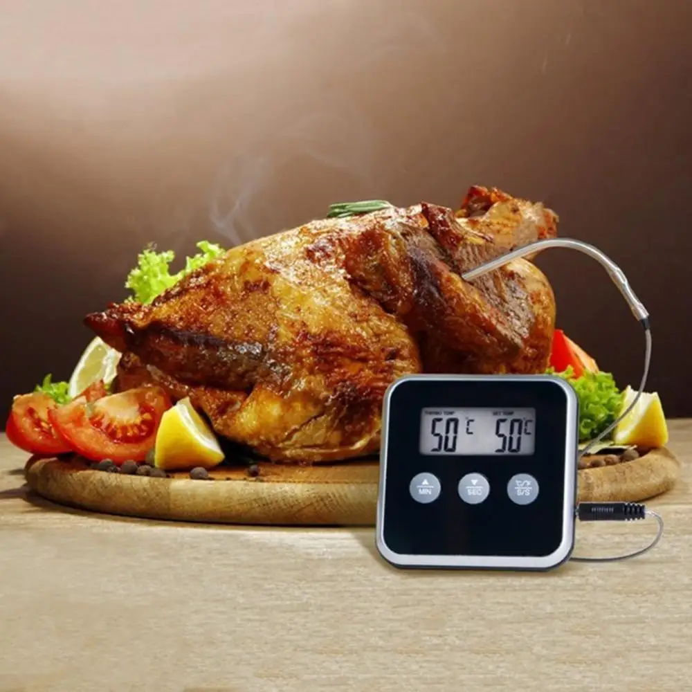 

Digital Meat Thermometer Stainless Steel Probe Food Cooking BBQ Thermometer Clock Timer with Magnet, Stand