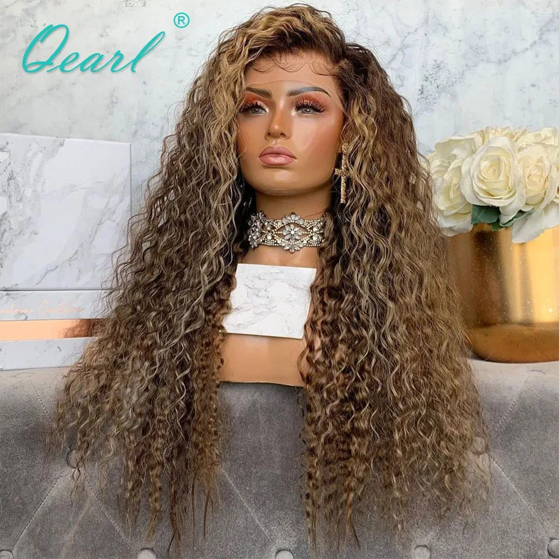 

Kinky Curly Lace Front Wig Brown with Honey Blonde Human Hair Frontal Wigs for Black Women 13x4/13x6 Remy Hair 150% 180% Qearl