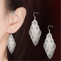 elegant sweet new silver plated silver lady earrings with silver leaf unique long earrings