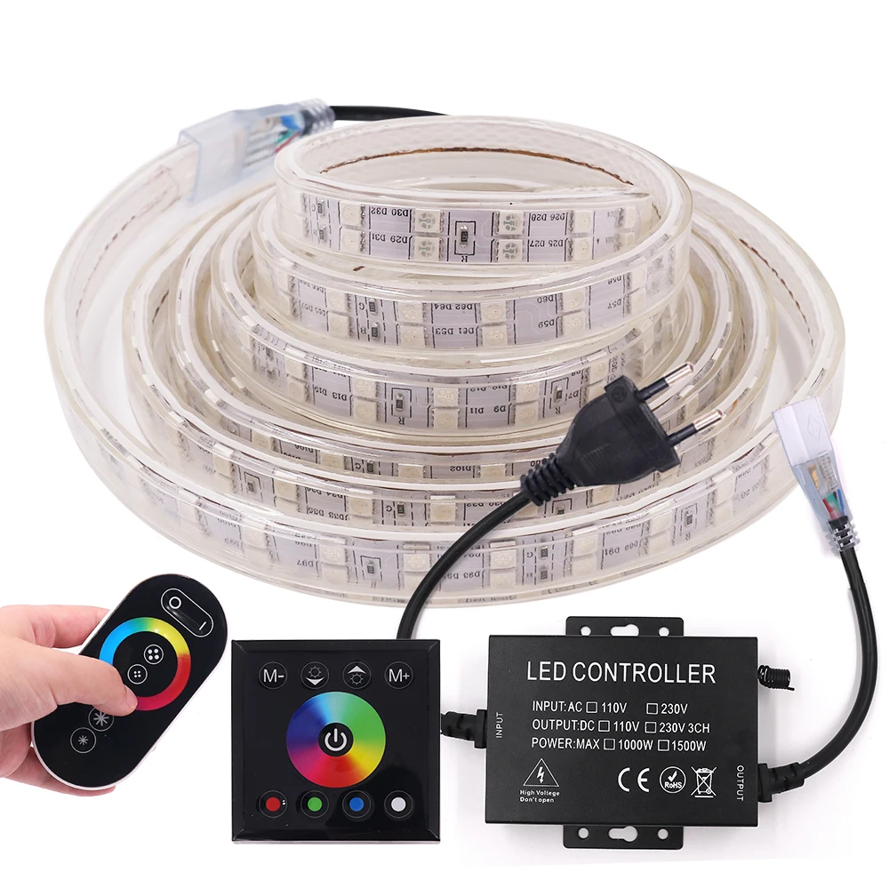

220V 240V Double Row LED Strip with Full Touch Remote 5050 120LEDs/M Led Ribbon Outdoor Waterproof Led Tape Lights EU/UK SET