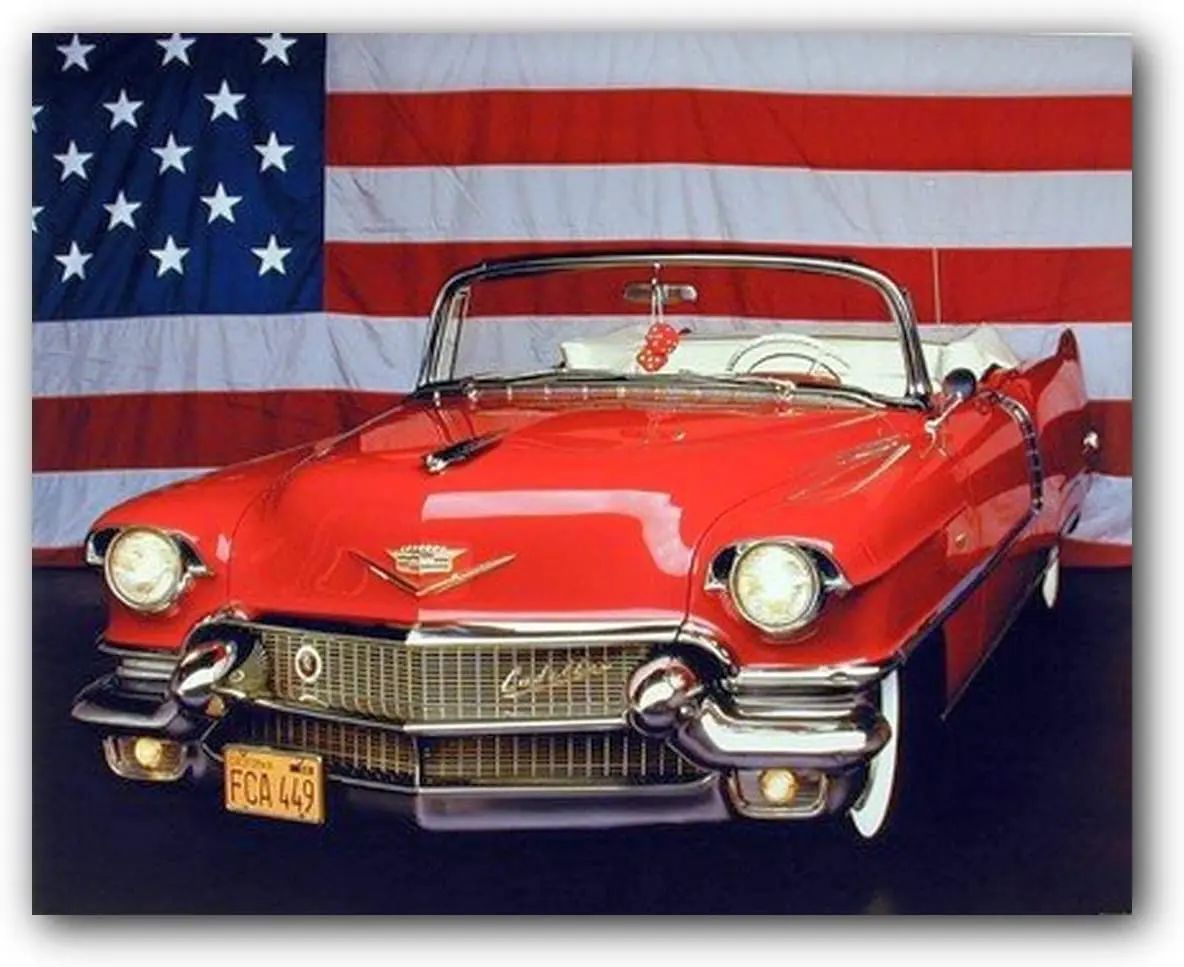 

1956 Red Cadillac with U.S. Flag Vintage Classic Car Wall Decor Art Print Poster
