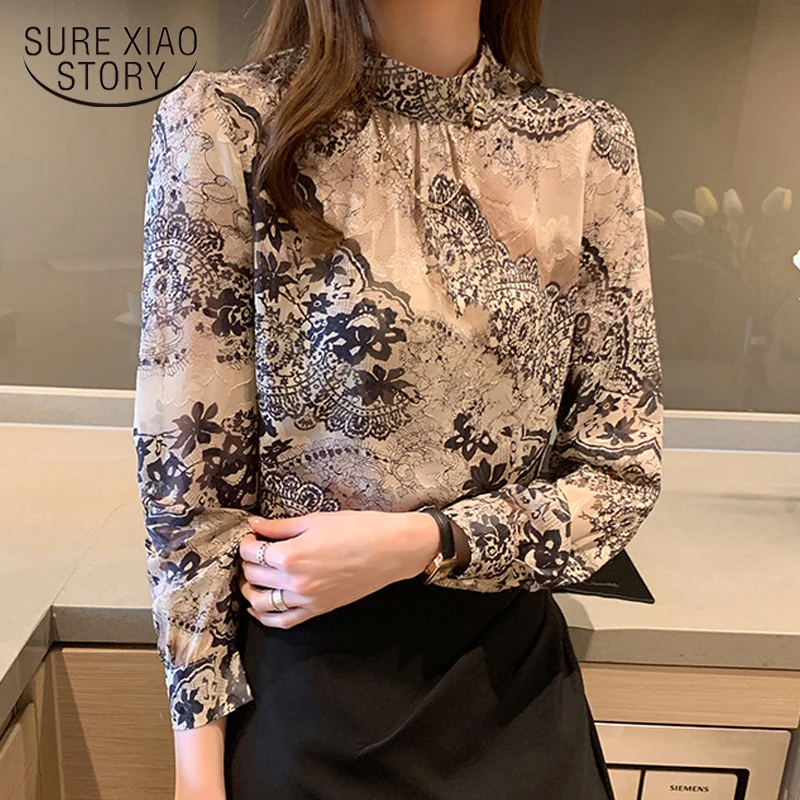 

Casual Plus Size Stand Collar Female Shirts New Elegant Floral Blouse Women Long Sleeve Printing Ladies Clothing Blusas 13089