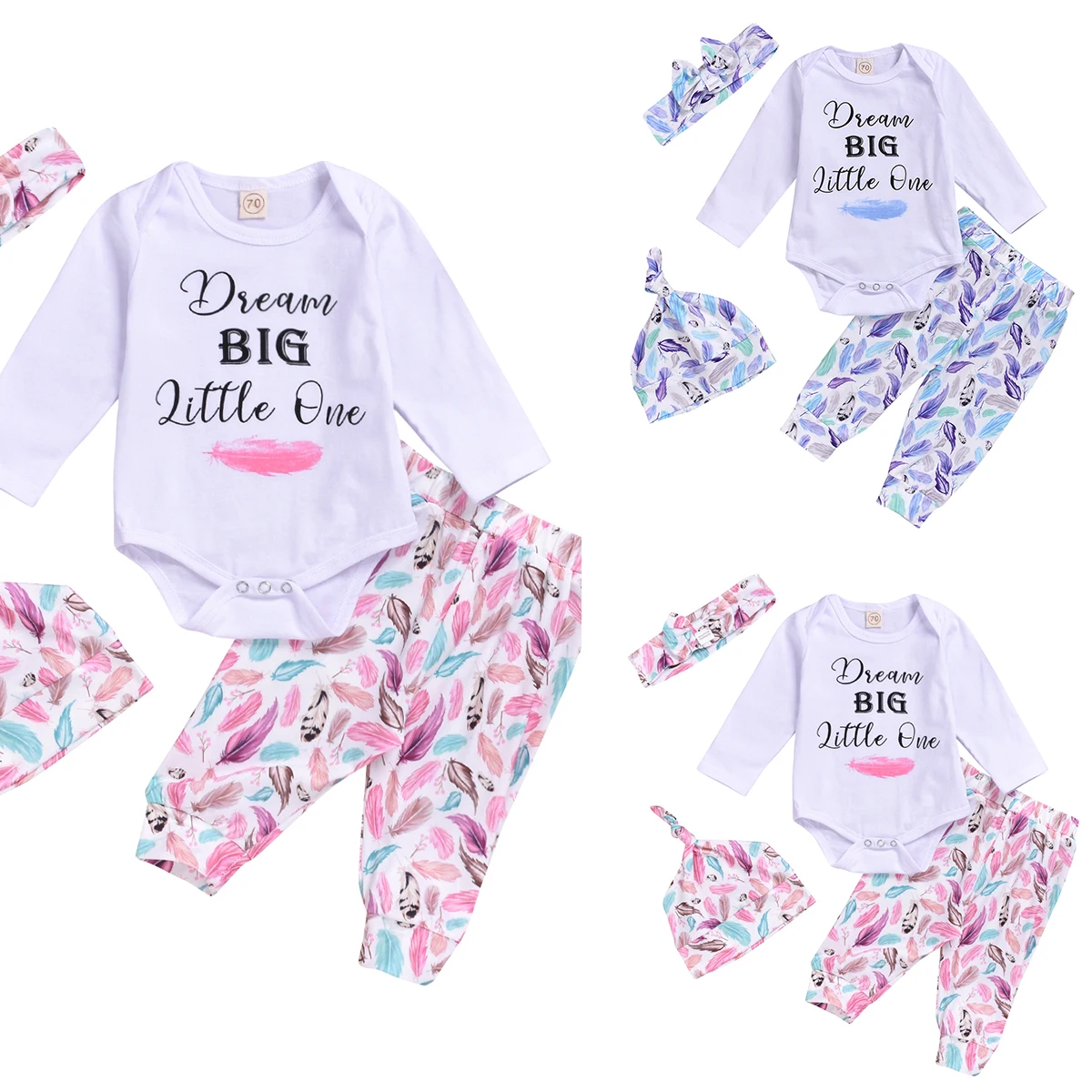 

2019 Fashion cute 4pcs/set Baby Toddler Feather Print Outfits Romper + Pants + Hat + Headband baby girl clothes 0-24M