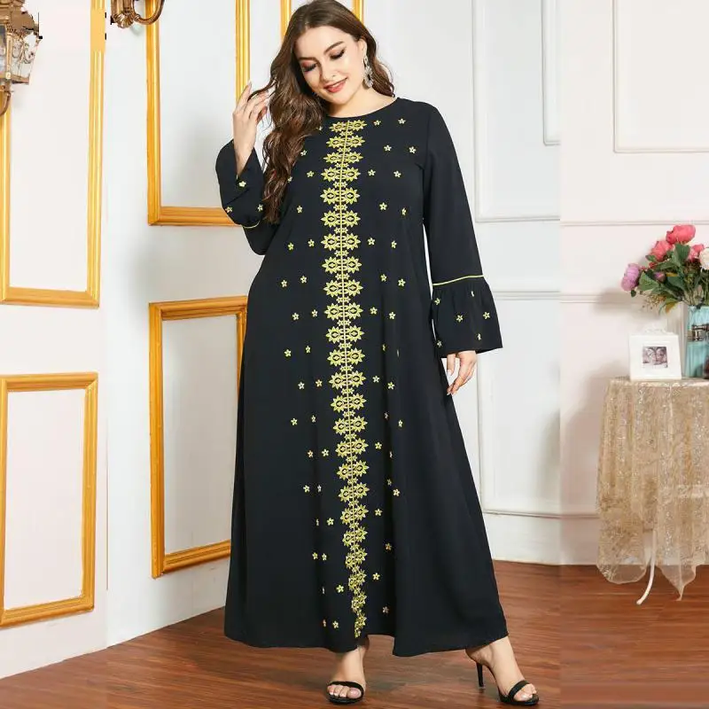 

Oversized Ethnic Embroidery Long-sleeved Muslim Long Skirt Black Fashion Worship Robe Dubai Abaya Islamic Women's Clothing