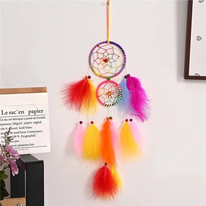 

Colourful Dream Catcher Pendant Color Feather Round Love Heart Double Ring Wall Decoration Gift Wind Chimes Hanging Ornament