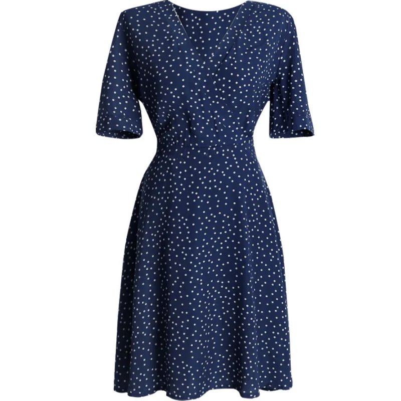 

Summer French Style Retro V-neck Hepburn Style Waist Blue Dots Chiffon Dress Love Skirt fafa_ootd
