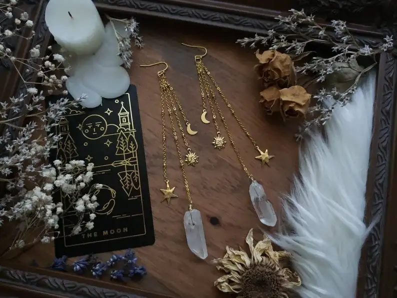 Серьги elestial Sun Moon звезда и кварц латунь солнце звезды луна бохо небесное