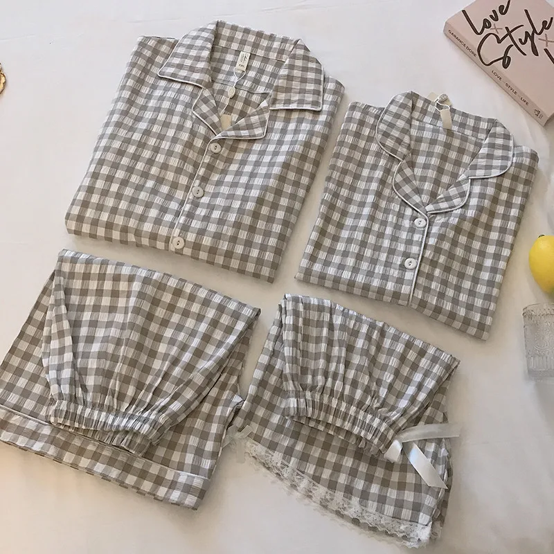 

Lovers Grid Pajama Cozy Women Pijama Summer Short Sleeve Plaid Couple Sleepwear Turn-Down Collar Leisure Wear Femme Nightgown