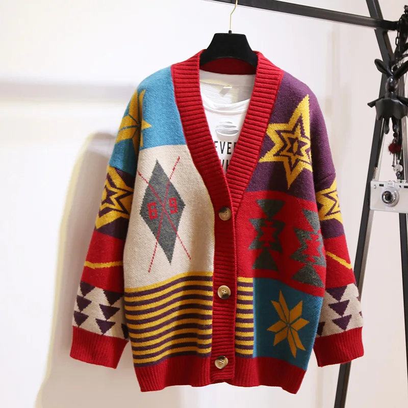 

Jacquard Color Matching Fashion Stitching Sweater Women Loose Single-breasted Knitted Cardigan Sweater Female Spring Autumn