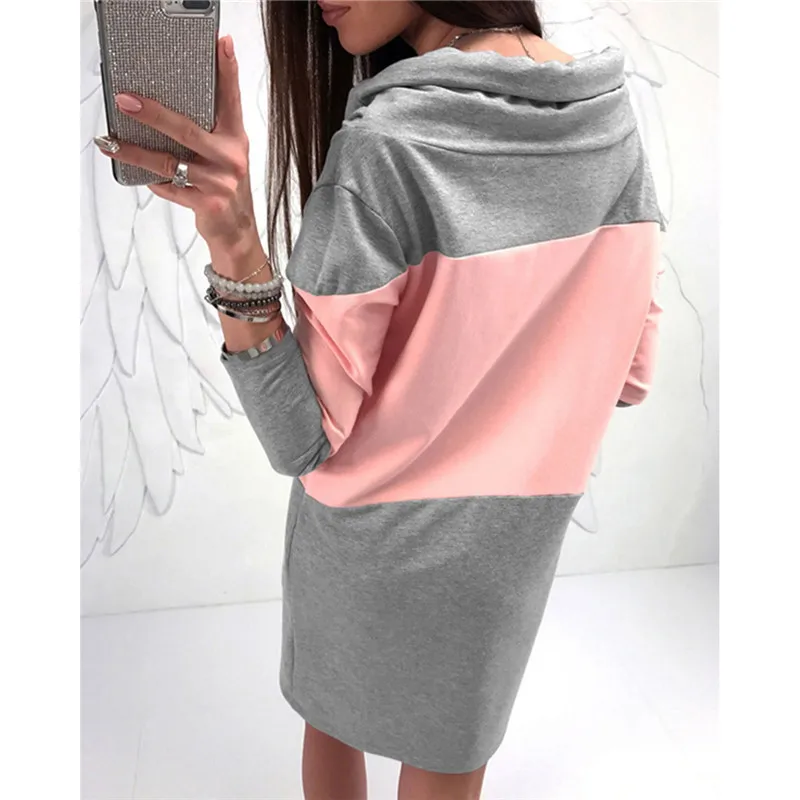 

Women's Patchwork Size Plus Casual Dress Sleeve Female Dresses Fashion 5XL Lady Turtleneck Drawstring Loose Long Clothes Women's