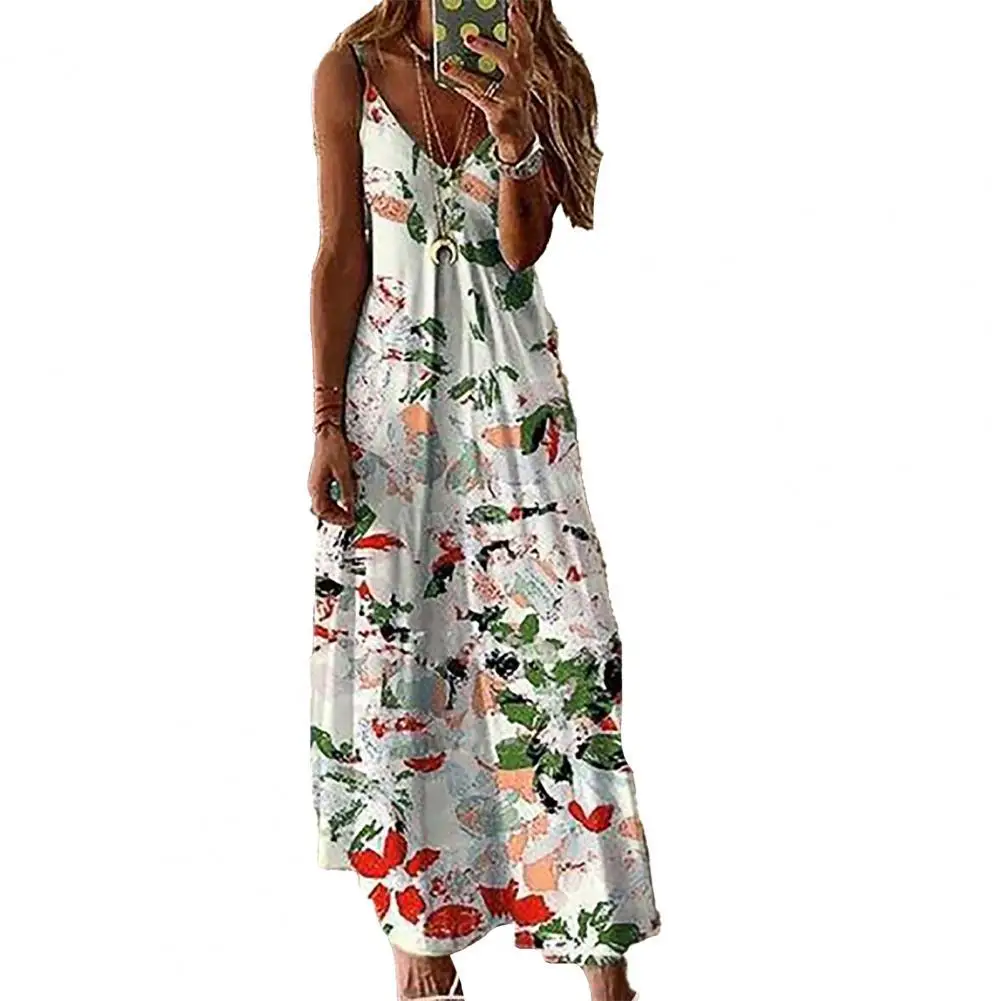 

2021 Women Summer Dresses Floral Print V Neck Sleeveless Spaghetti Strap Ladies Plus Size Long Dress