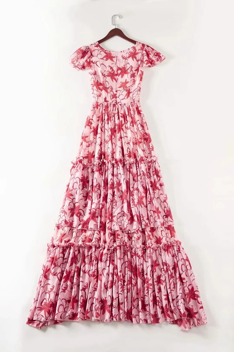 Женское длинное платье в пол богемное пляжное розовое макси с коротким рукавом и