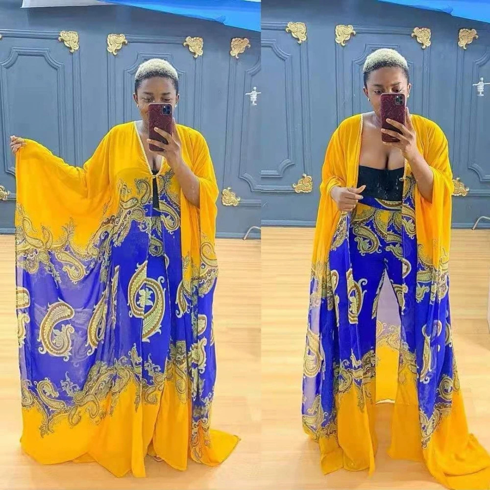 

2 Piece Set Women Africa Clothes 2022 African Dashiki New Fashion Two Piece Suit Long Tops + Wide Pants Party Big Size For Lady