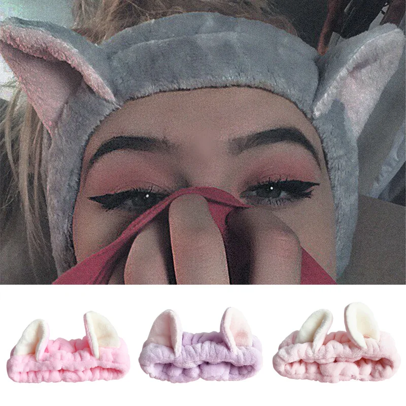 

2021 New Cute Flannel Shower Cat Ear Headband For Women Girls Wash Face Makeup Hairband Elastic Soft Turban Hair Accessories