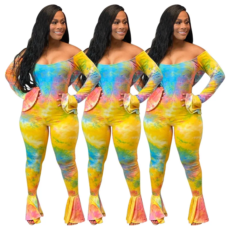 

Tie-Dye Print Strapless Bandage Jumpsuit Slash Neck Flare Sleeve Leggings Body Rompers Sexy Night Club Party Women Clothes