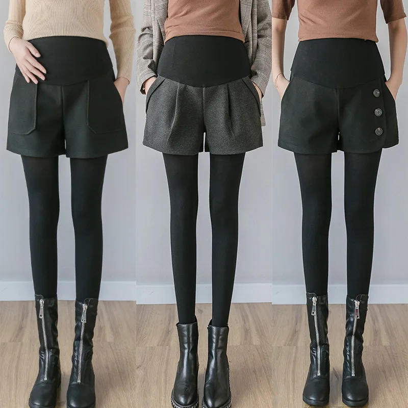 

920# Autumn Winter Thick Warm Woolen Maternity Shorts Wide Leg Loose Belly Bootcuts Clothes for Pregnant Women Casual Pregnancy