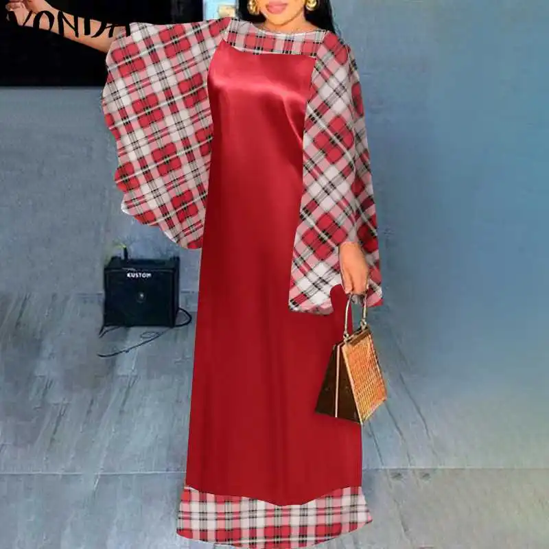 

Vintage Patchwork Plaid Dress Holiday Party Maxi Long Dress VONDA 2021 Women Casual Long Sleeve Vestidos Oversized Robe Femme